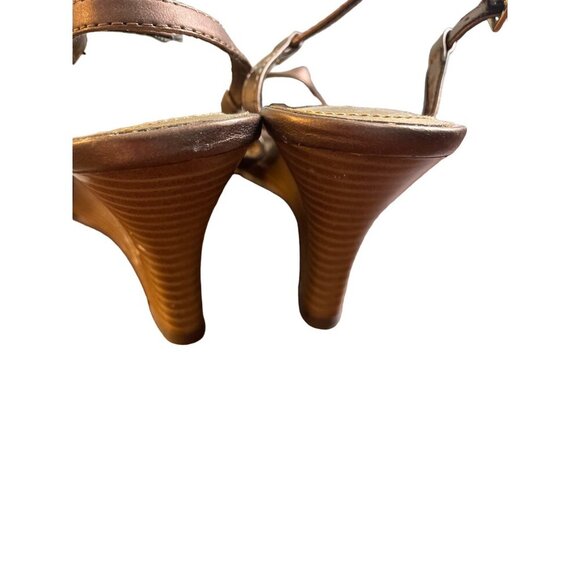 Predictions Brown Gold Wedge Heel Open Toe Sandal Sz 5 - Picture 4 of 7